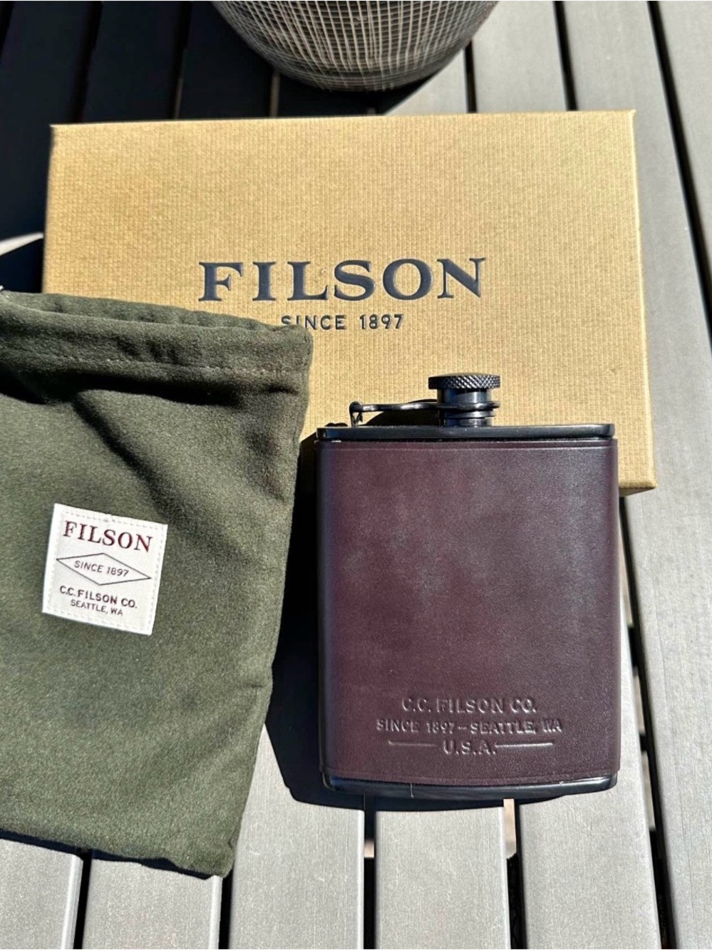 Filson Dark Brown Leather Hip Flask with Olive Green Canvas Pouch